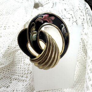 Vintage Gold-Tone & Black Enamel Brooch With Hand-Painted Floral Design